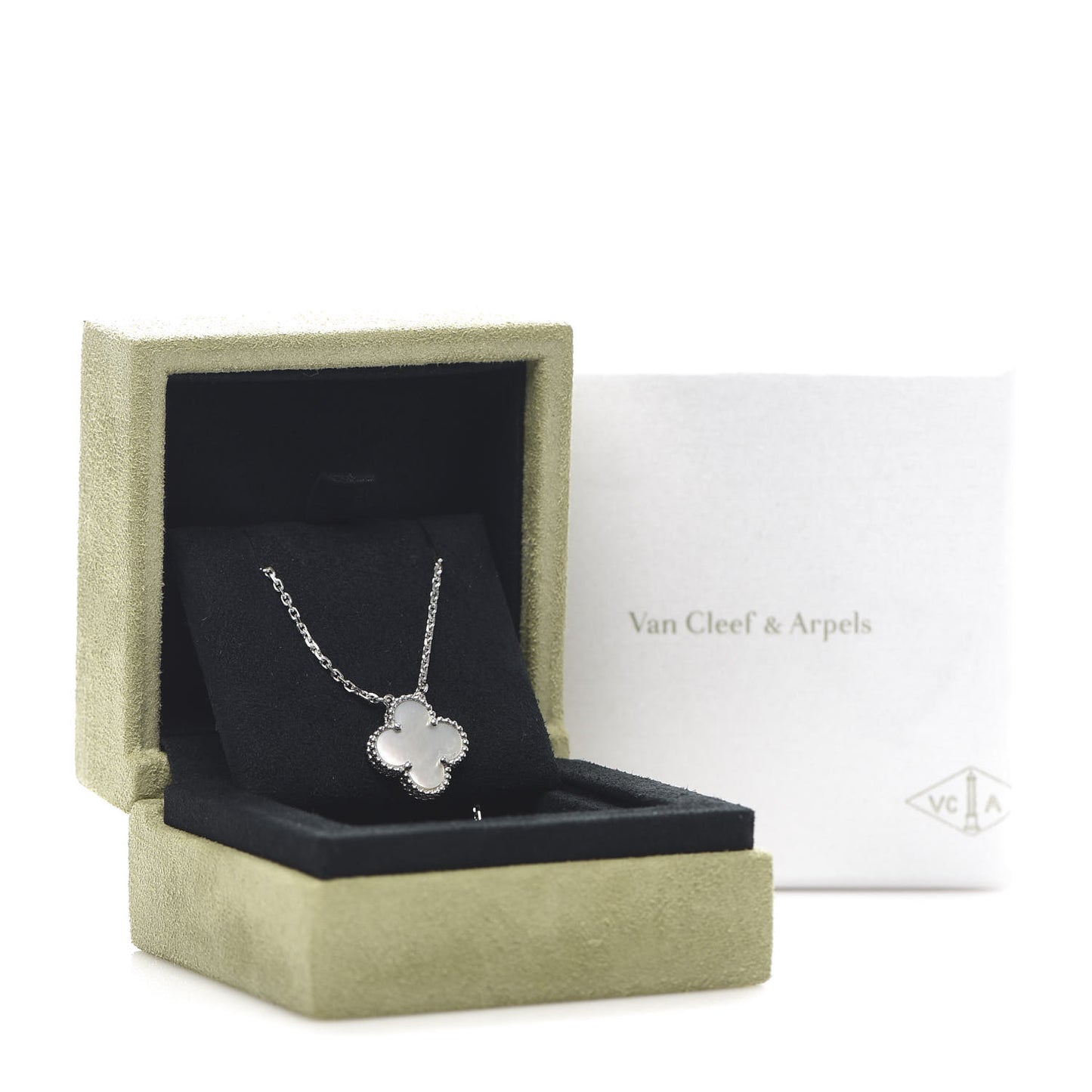 18K White Gold Mother of Pearl Vintage Alhambra Pendant Necklace