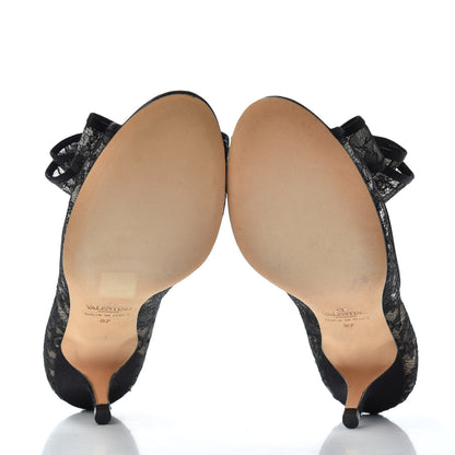 Valentino Garavani Satin Lace Couture Bow Peep Toe Low Heel Pumps 37 Black 6 of 9