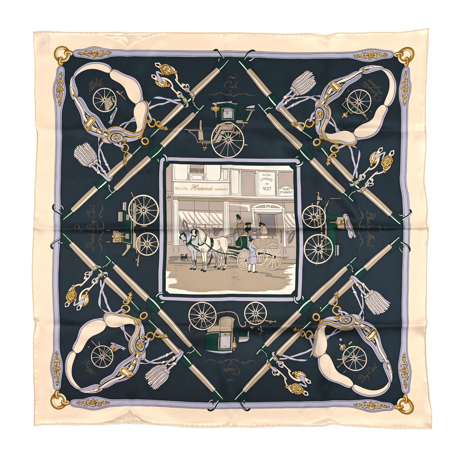 Hermes Silk Palonniers Scarf 70 Creme Vert Anthracite 1 of 3