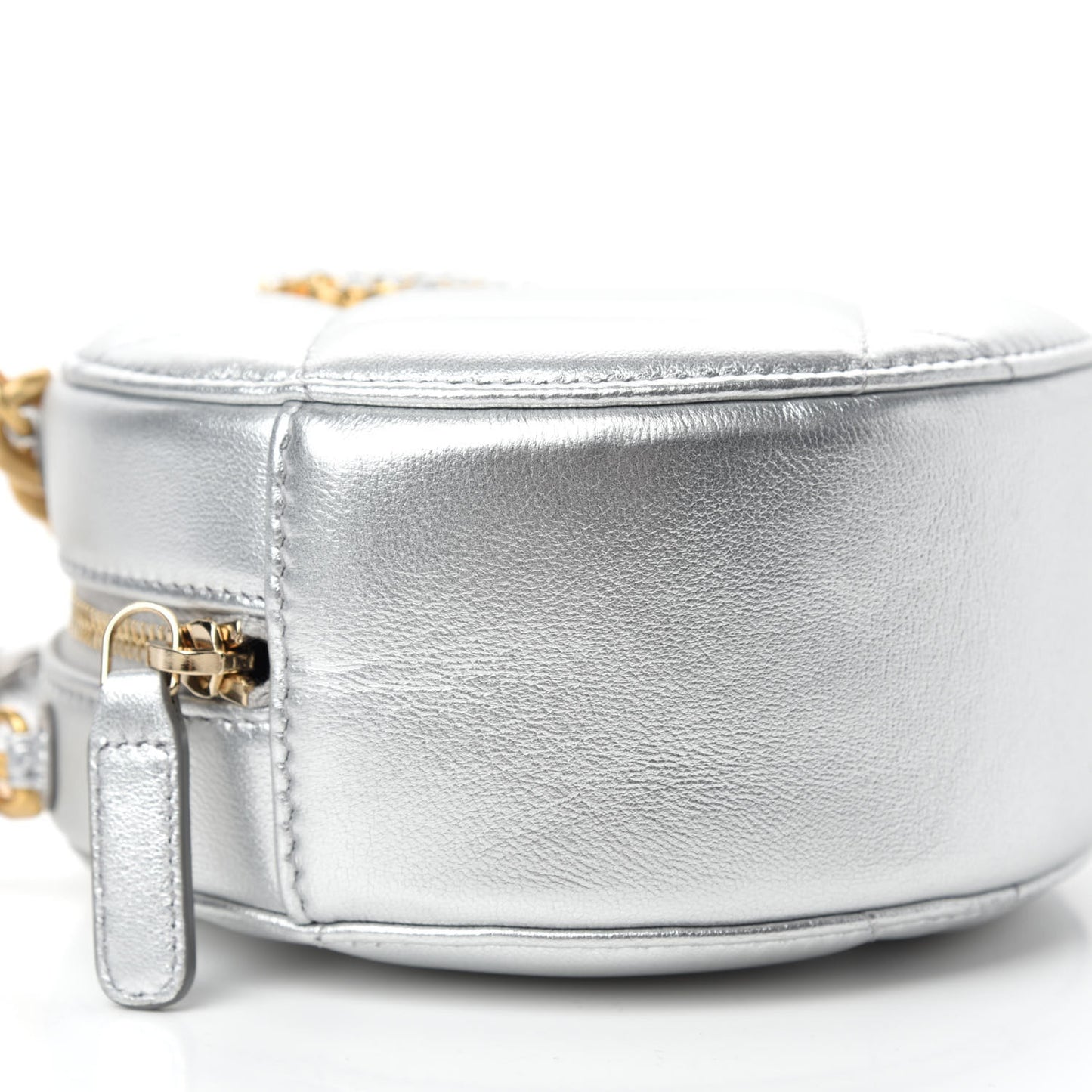 Metallic Lambskin Quilted Chanel 19 Round Clutch With Chain Silver