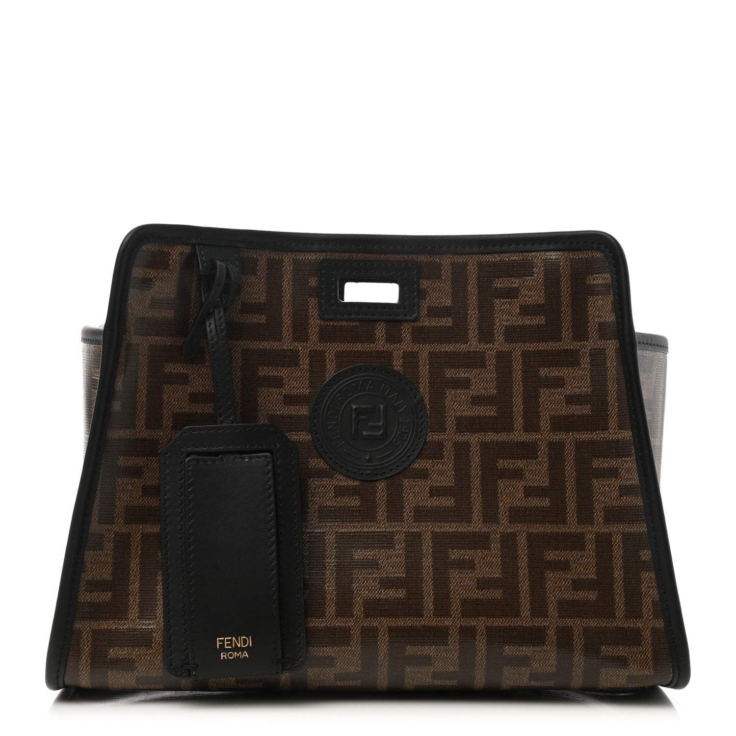 Fendi Glazed Fabric Vitello Century FF 1974 Stamp Patch Mini Peekaboo Defender Cover Mogano Panna Black 1 of 8