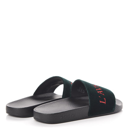 Gucci Velvet L'aveugle Par Amour Slide Sandals 38 Green 4 of 7