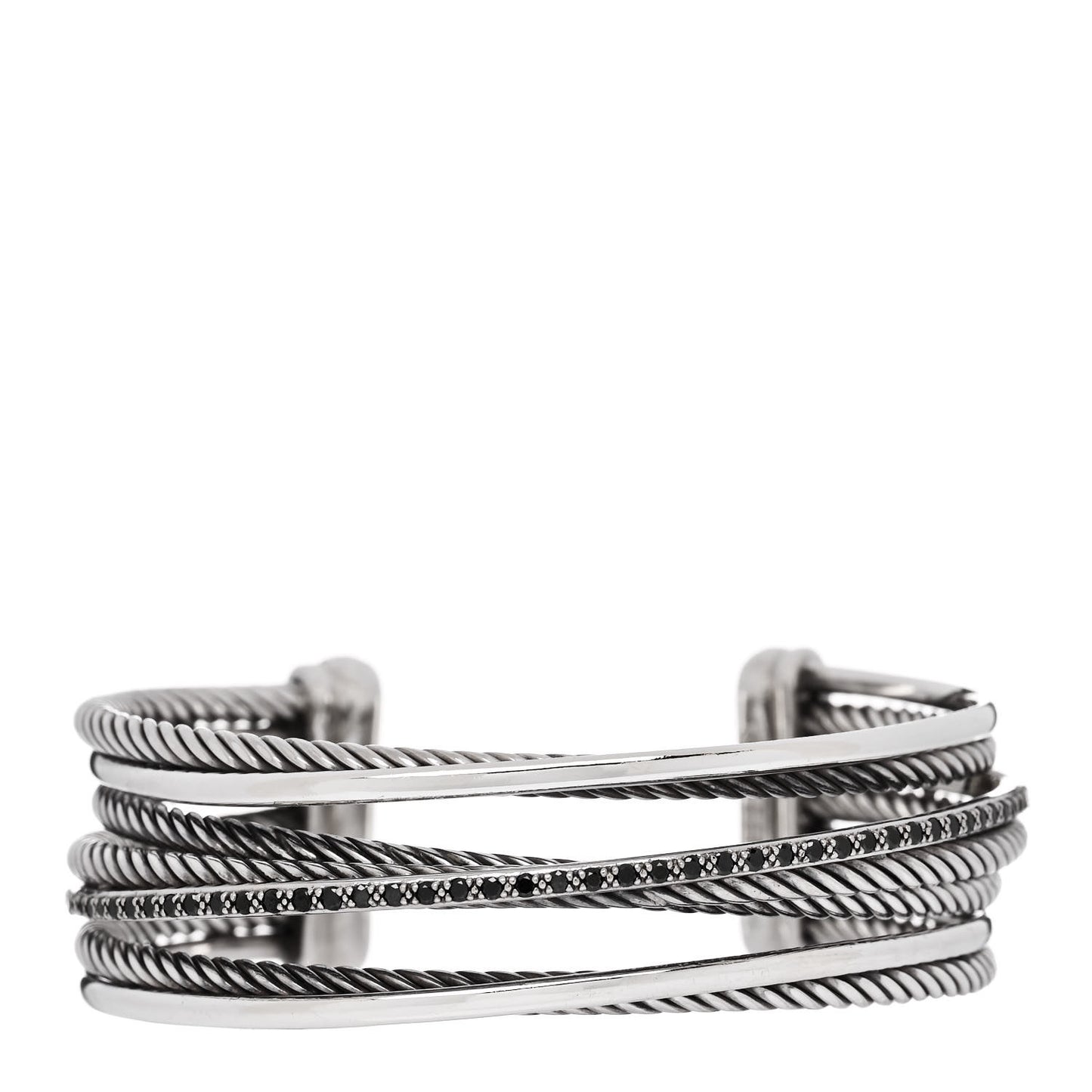 Sterling Silver 14K White Gold Black Diamond Crossover Four Row Cuff Bracelet