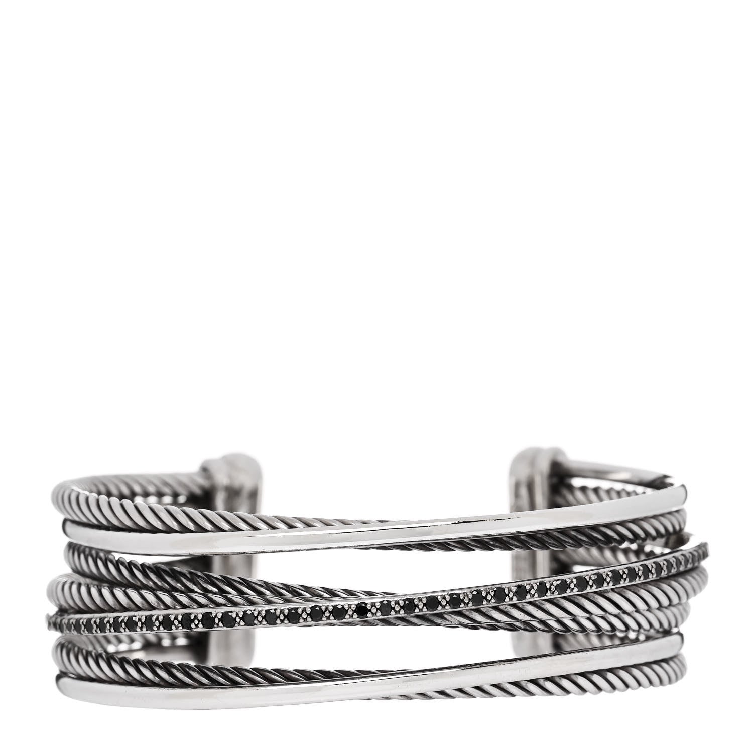 David Yurman Sterling Silver 14K White Gold Black Diamond Crossover Four Row Cuff Bracelet 1 of 3