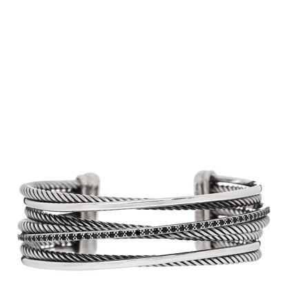 David Yurman Sterling Silver 14K White Gold Black Diamond Crossover Four Row Cuff Bracelet 1 of 3