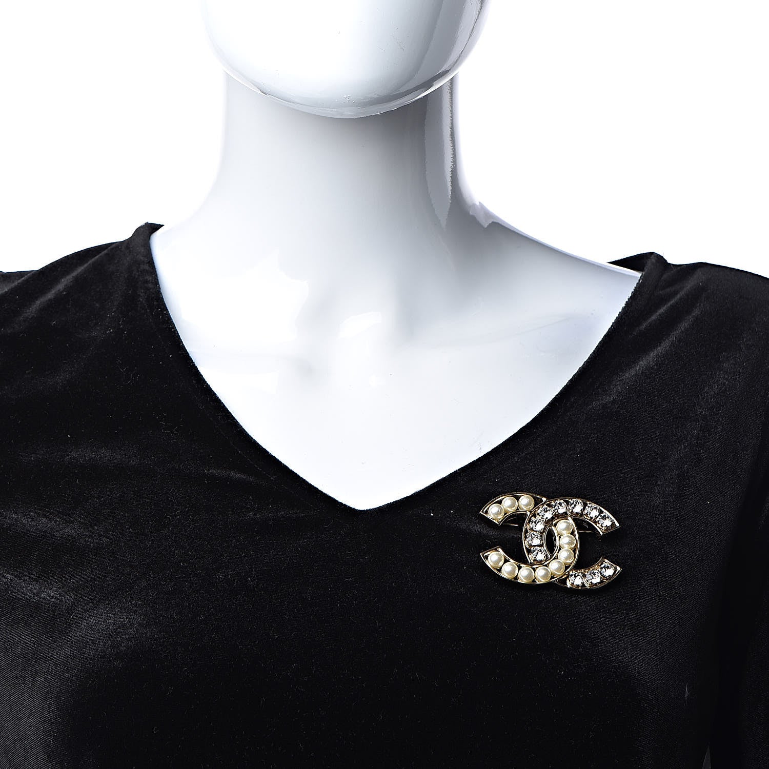 Chanel Pearl Crystal CC Brooch Gold Pearly White 2 of 6