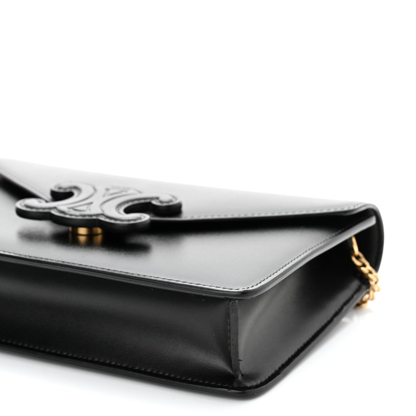 Shiny Calfskin Cuir Triomphe Wallet on Chain Black