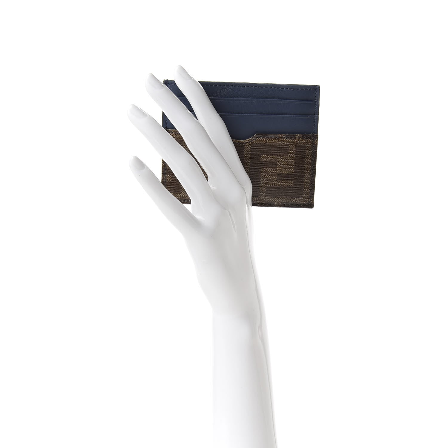 Fendi Vitello Century Glazed Fabric FF 1974 Card Holder Blu Scuro Mogano Panna 2 of 7