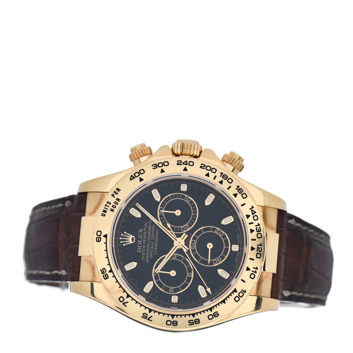 18K Yellow Gold Alligator 40mm Daytona Oyster Perpetual Watch Black 116518