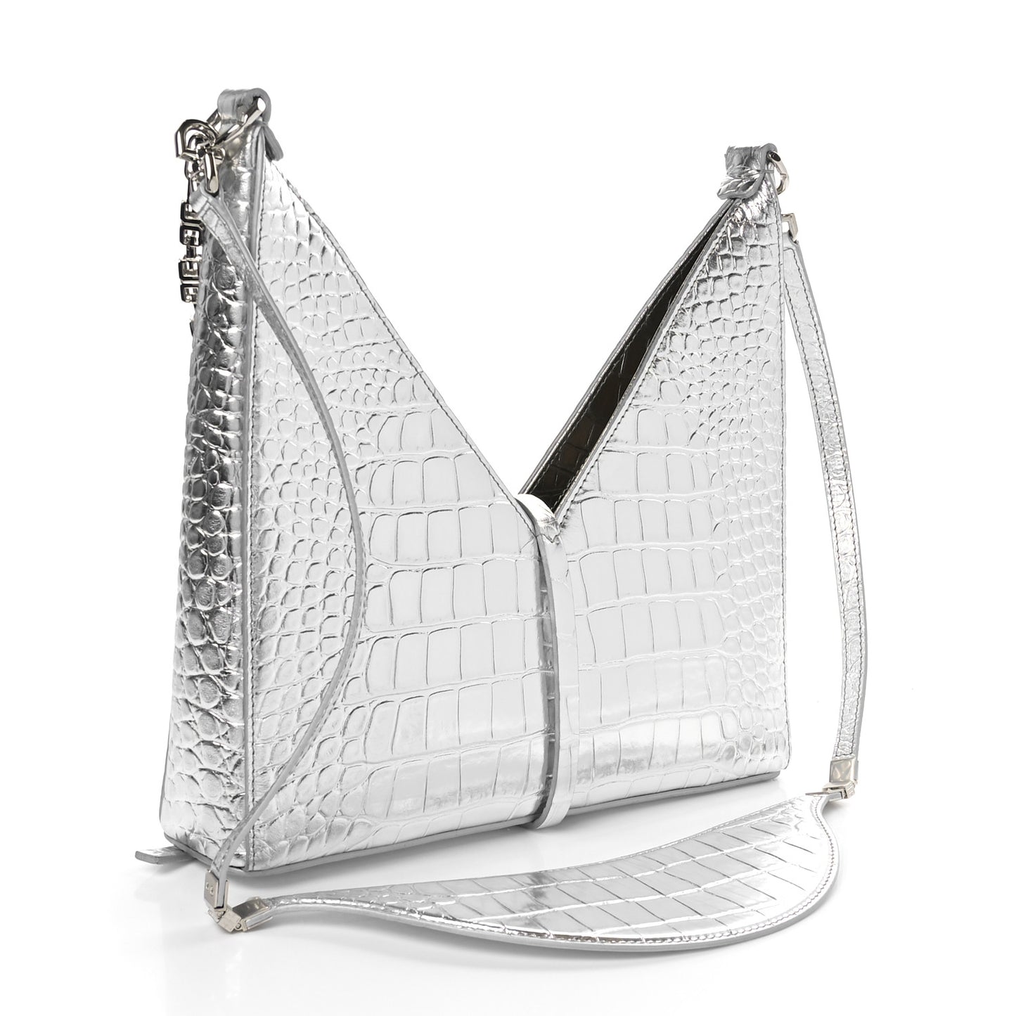 Metallic Calfskin Croc Embossed Small Cut Out Shoulder Bag Silver