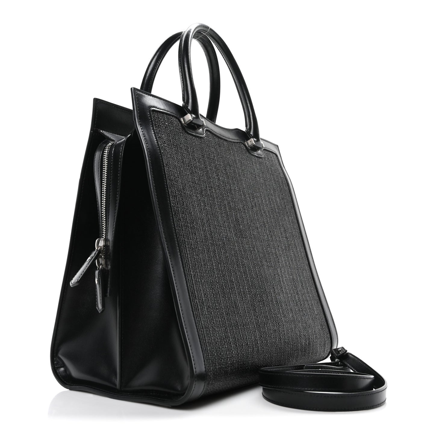 Raffia Shiny Calfskin Large Uptown Tote Black