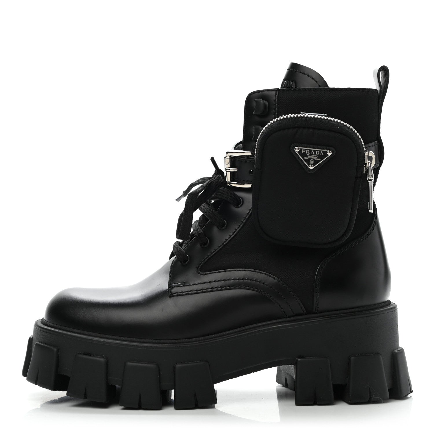 Prada Spazzolato Rois Nylon Metal Triangle Logo Monolith Pouch Pocket 55mm Boots 37 Black 1 of 9