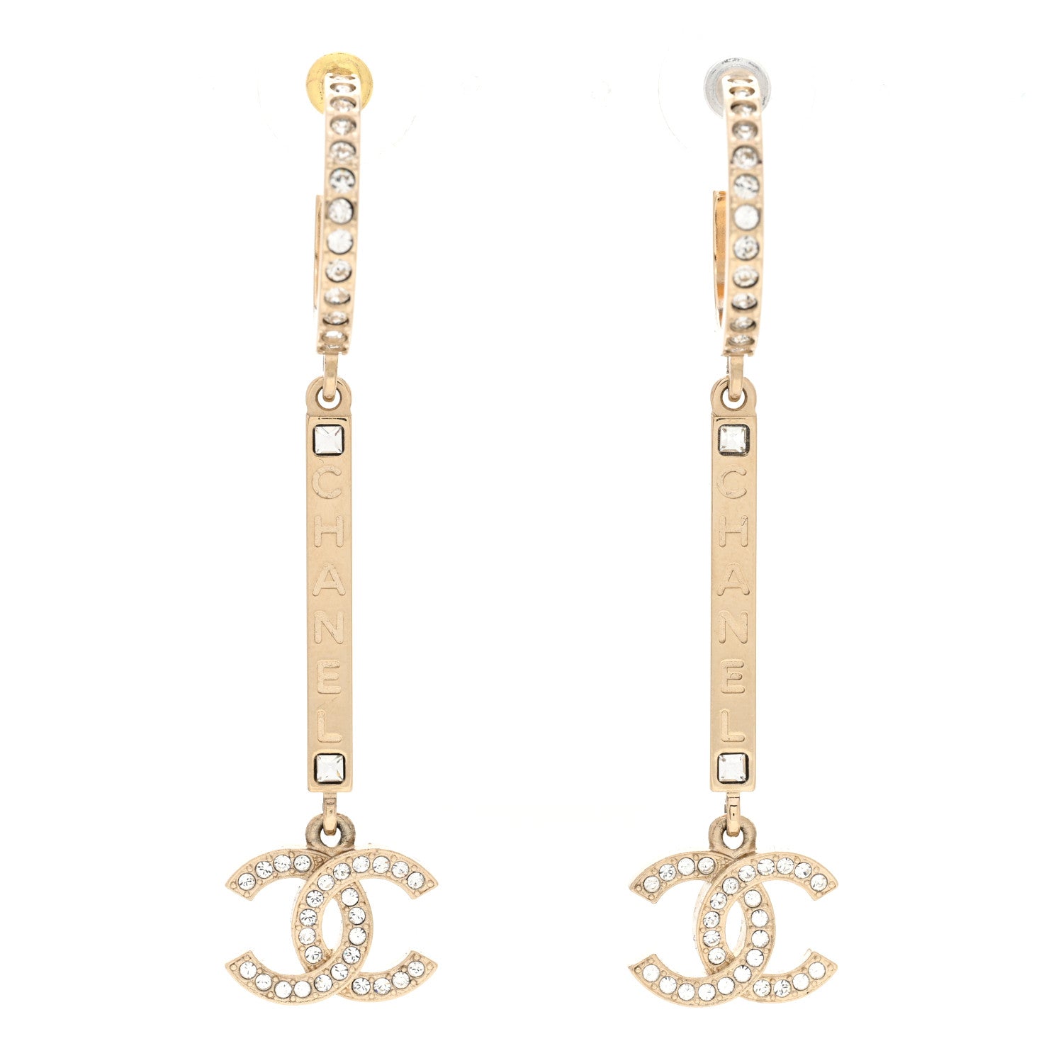 Chanel Crystal Lock Symbols Logo CC Hoop Drop Earrings Gold 1 of 5