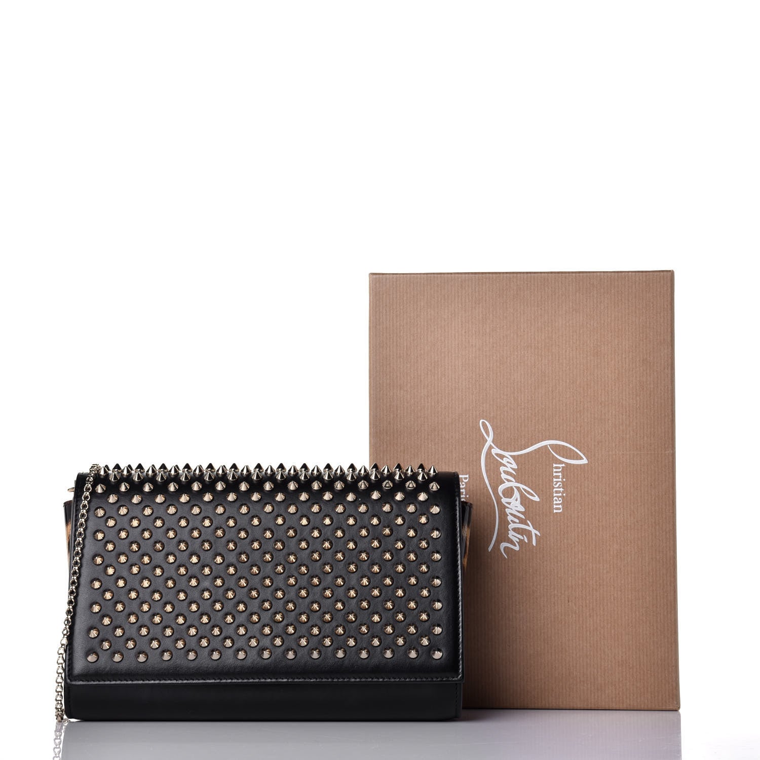 Christian Louboutin Calfskin Patent Leopard Spikes Paloma Clutch Black 9 of 9