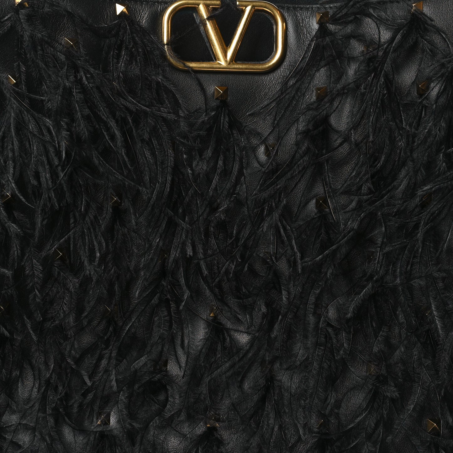 Calfskin Ostrich Feather Roman Stud VLogo Tote Black