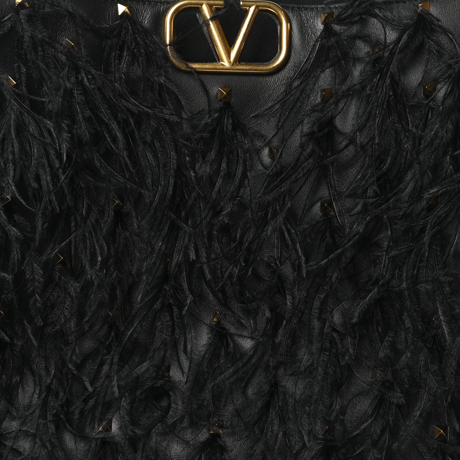 Valentino Garavani Calfskin Ostrich Feather Roman Stud VLogo Tote Black 7 of 9