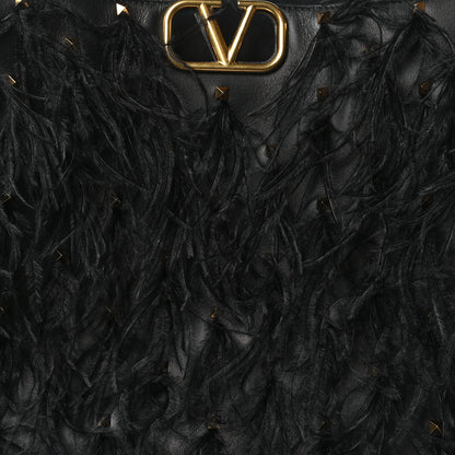 Valentino Garavani Calfskin Ostrich Feather Roman Stud VLogo Tote Black 7 of 9
