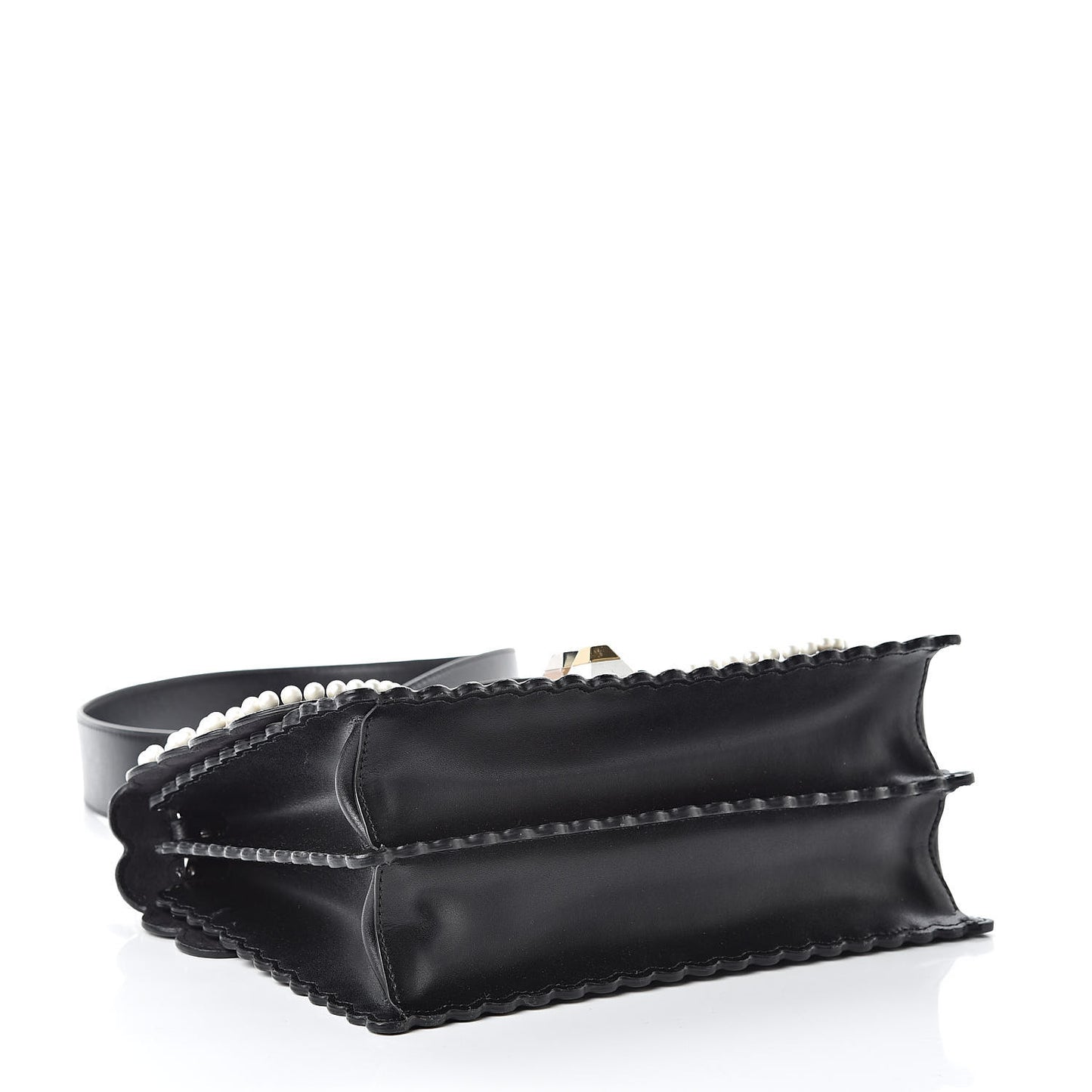 Vitello Liberty Pearl Bi-Color Flowers and Bows Scalloped Studded Kan I Shoulder Bag Black Camelia