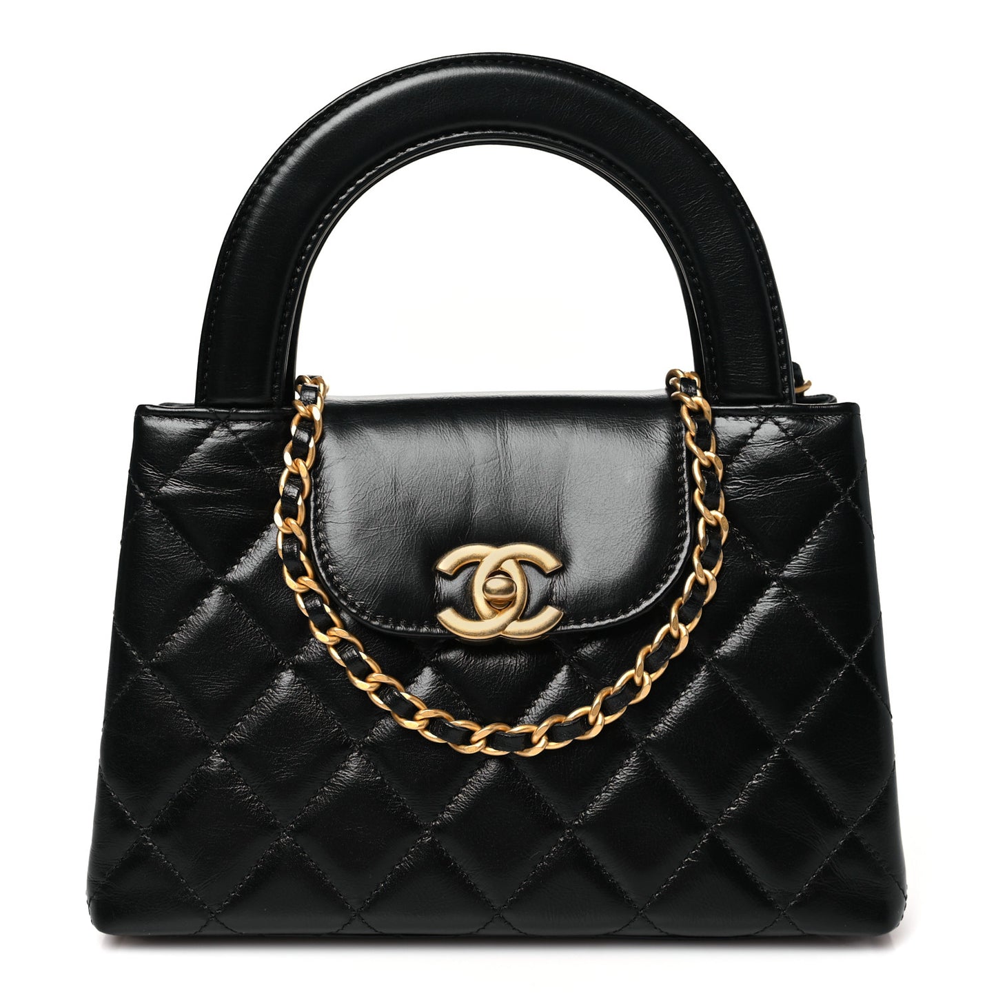 Shiny Aged Calfskin Quilted Nano Kelly Shopper Black
