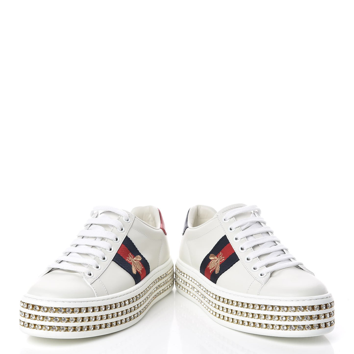 Calfskin Crystal Web Bee Embroidered Ace Platform Sneakers 34.5 White