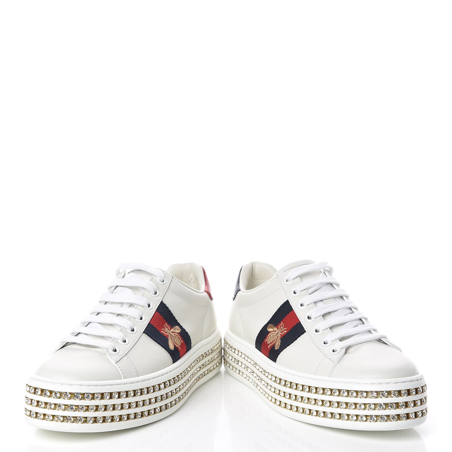 Gucci Calfskin Crystal Web Bee Embroidered Ace Platform Sneakers 34.5 White 6 of 9