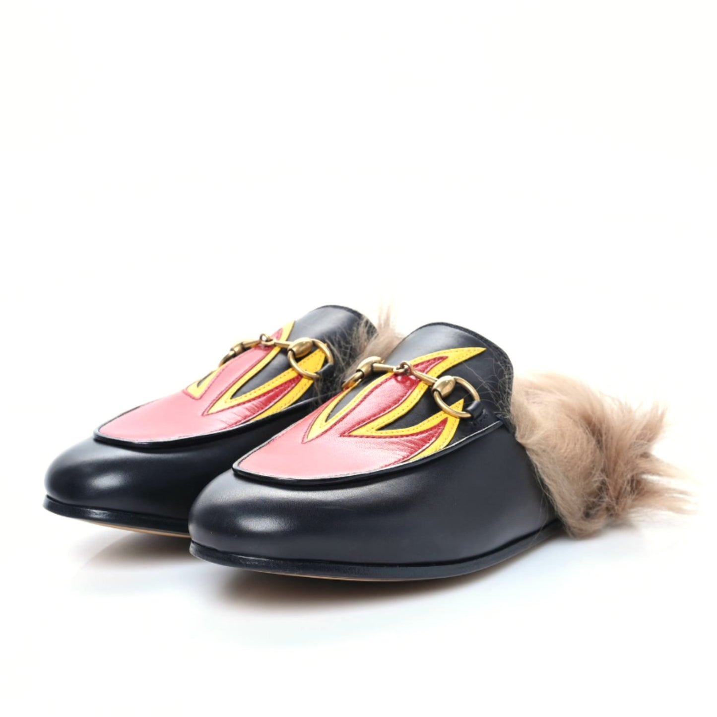 Calfskin Fur Flame Princetown Slippers 36.5 Black