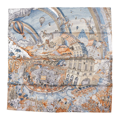 Hermes Silk Les Folies Du Faubourg Scarf 90 Bleu Jean Anthracite Cannelle 1 of 3