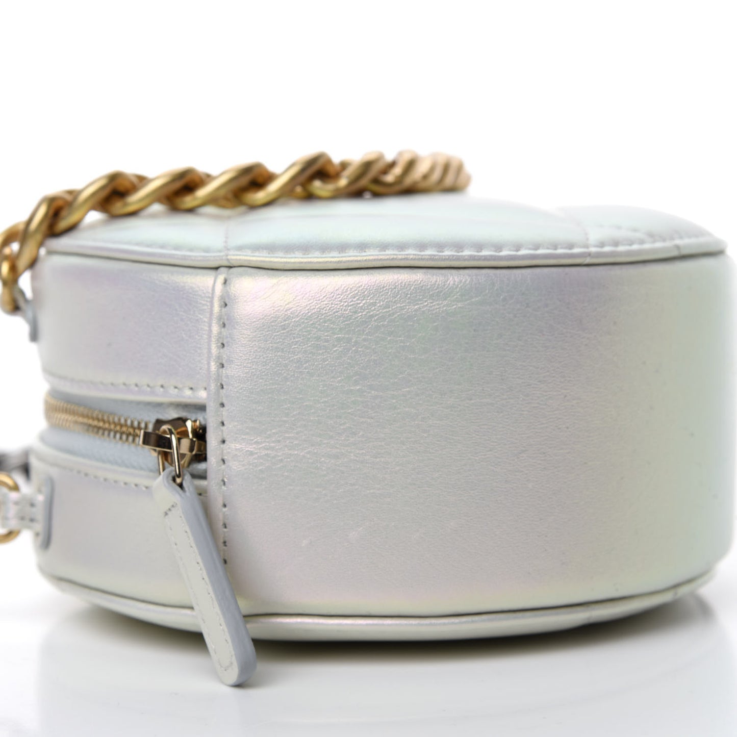 Iridescent Calfskin Quilted 19 Round Clutch With Chain White