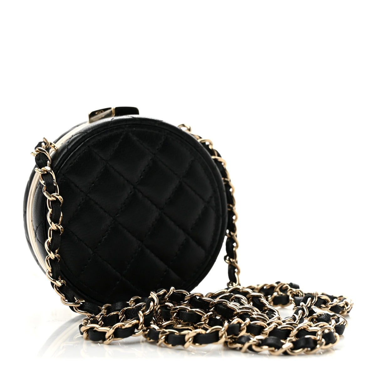 Chanel Lambskin Enamel Quilted Round Poker Chip Clutch With Chain Black White 3 of 11