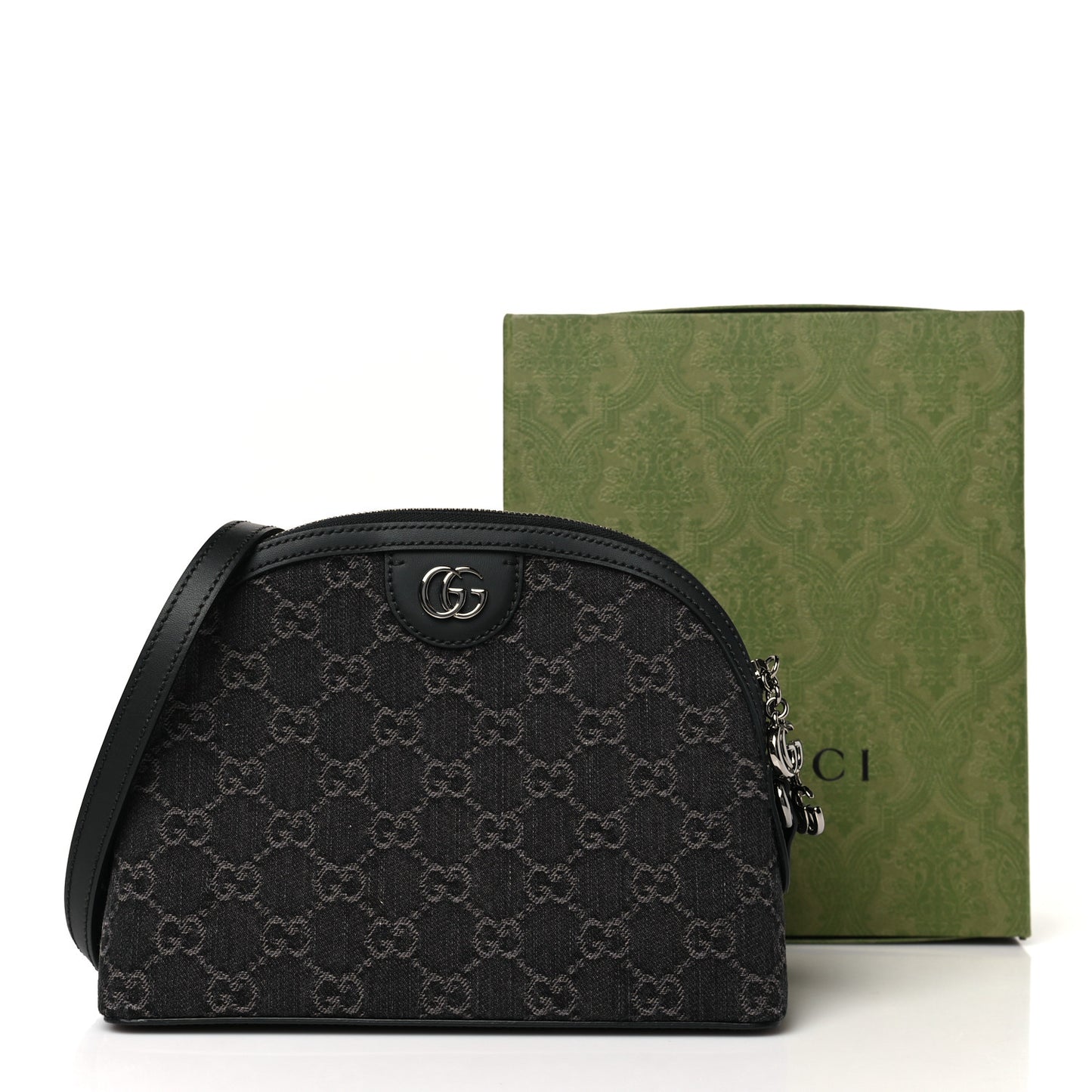 Denim Cuoio Harness GG Monogram Small Ophidia Dome Shoulder Bag Black Medium Grey