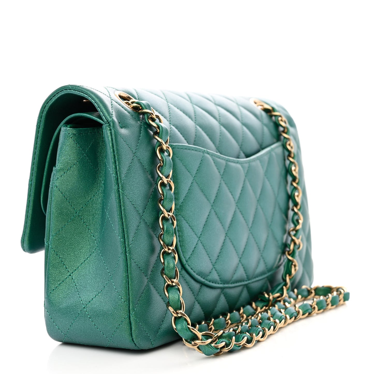 Iridescent Calfskin Quilted Medium Double Flap Green