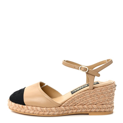Chanel Lambskin Grosgrain CC Espadrilles Wedges 37 Beige Black 1 of 8