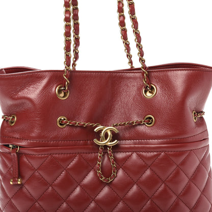 Chanel Aged Calfskin Quilted Drawstring Shopping Tote Red 11 of 12