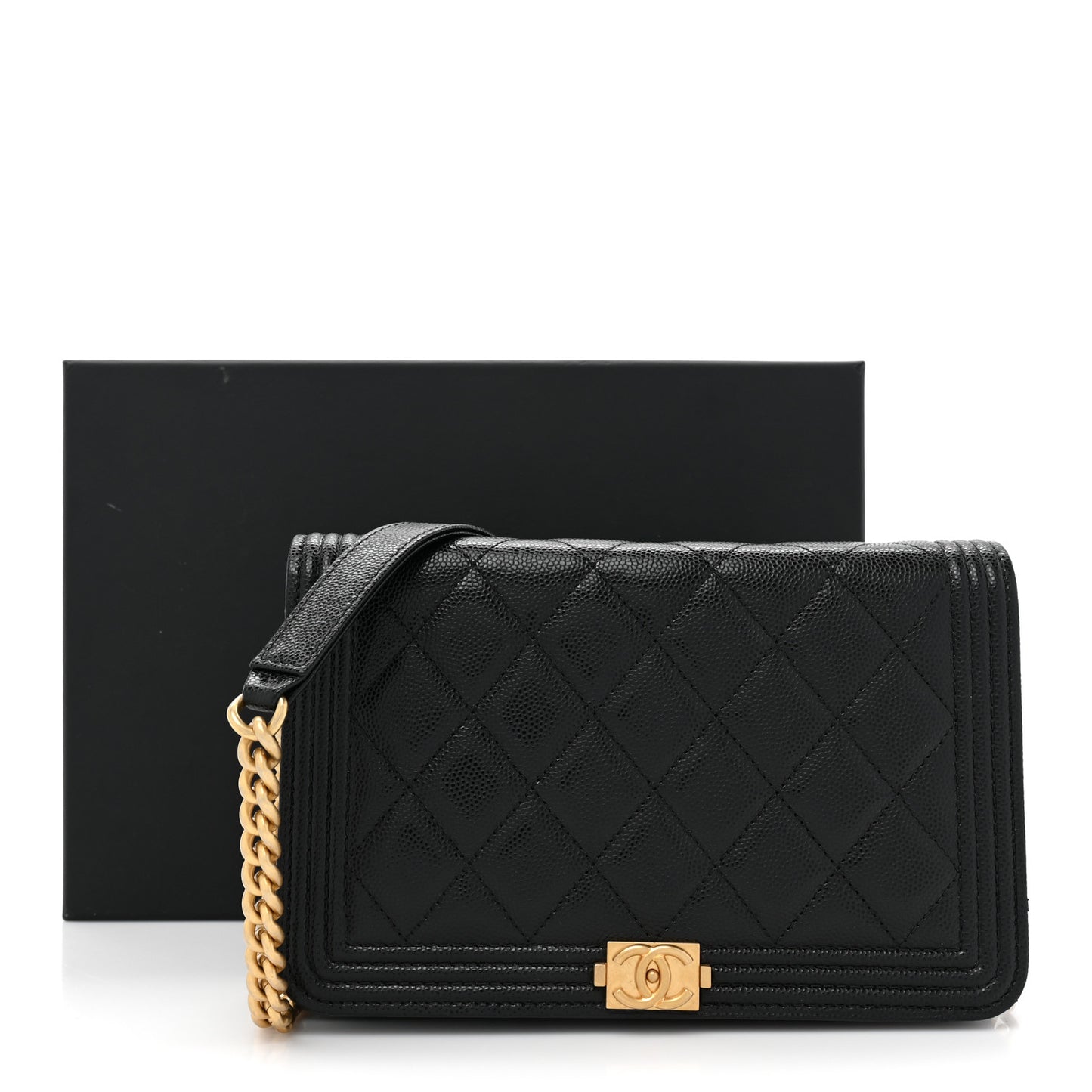 Caviar Quilted Boy Clutch With Chain Black