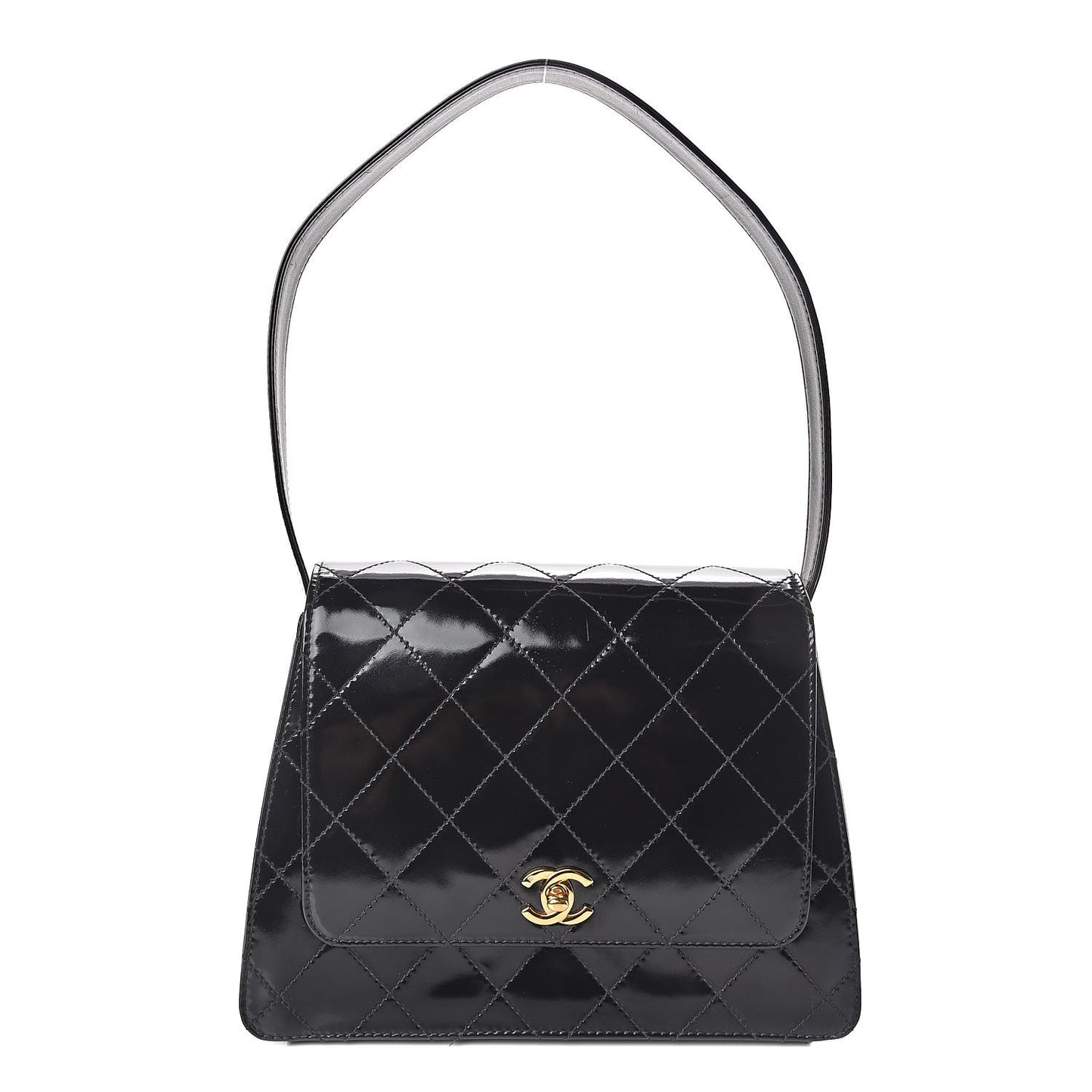 Glazed Calfskin Stitched Shoulder Flap Bag Black
