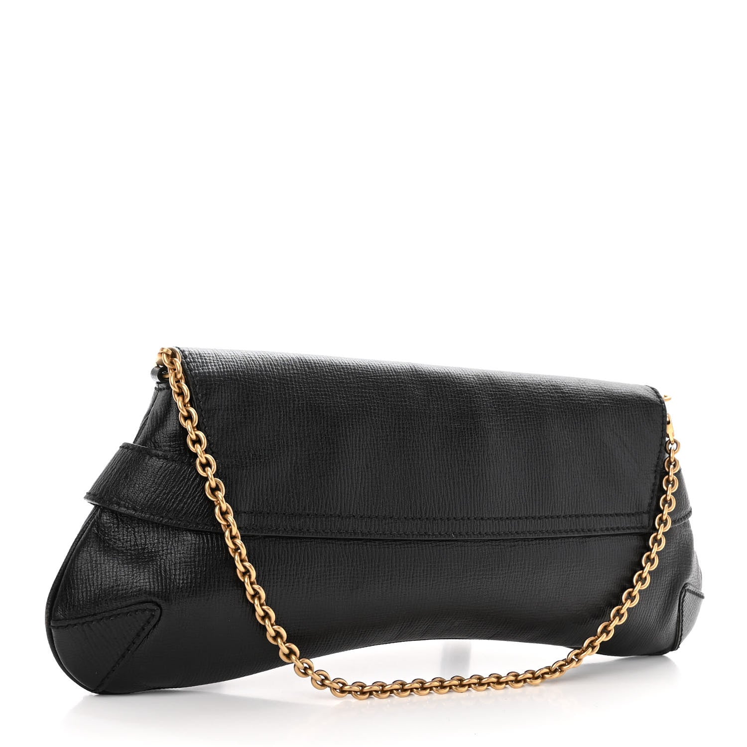image taken of the back of a GUCCI Textured Calfskin Horsebit Chain Clutch in the color Black by FASHIONPHILE