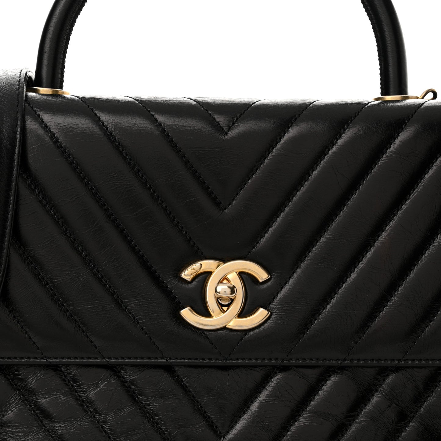 Calfskin Chevron Quilted Medium Coco Handle Flap Black