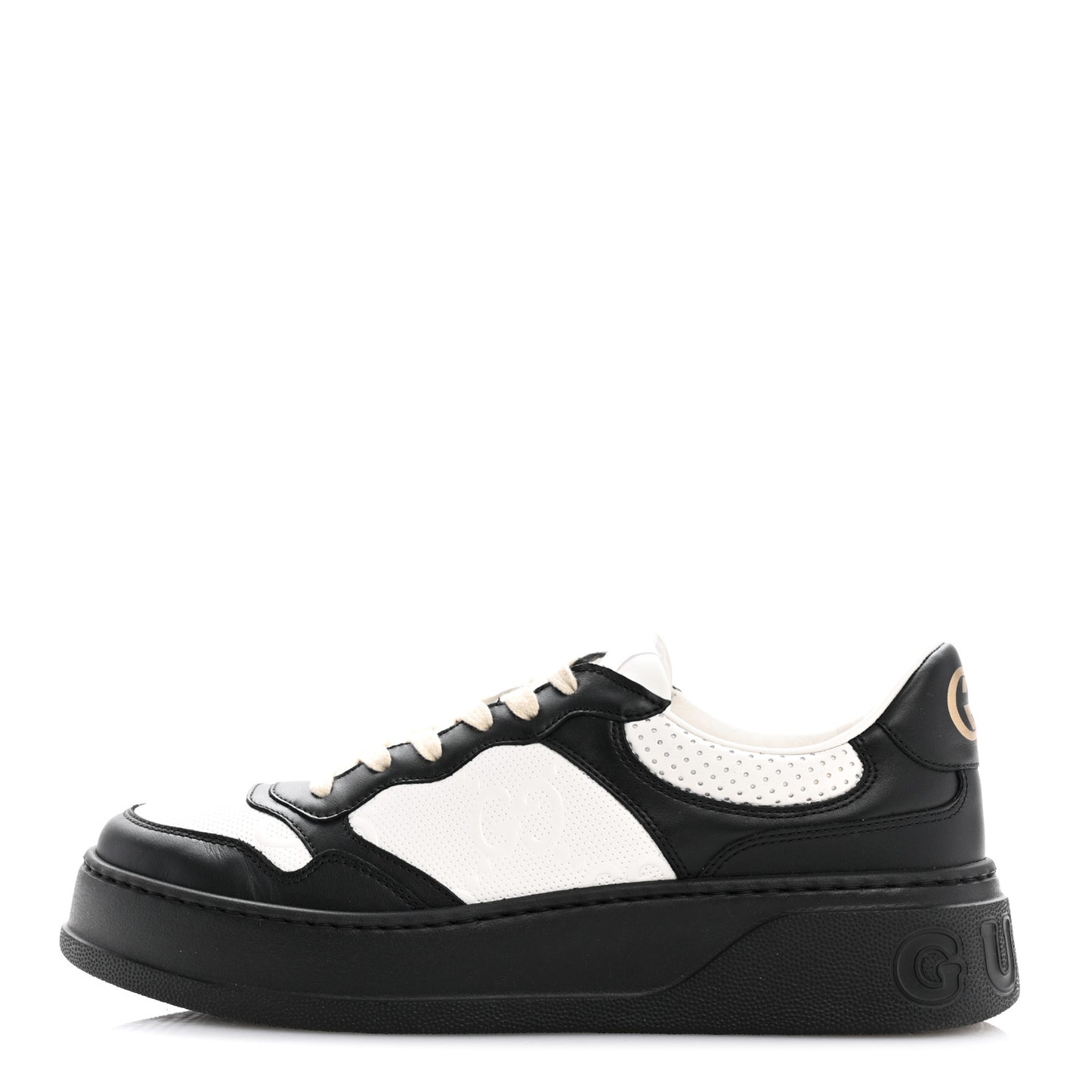 Calfskin GG Tennis Embossed Perforated Mens Interlocking G 55mm Sneakers 8.5 Black White