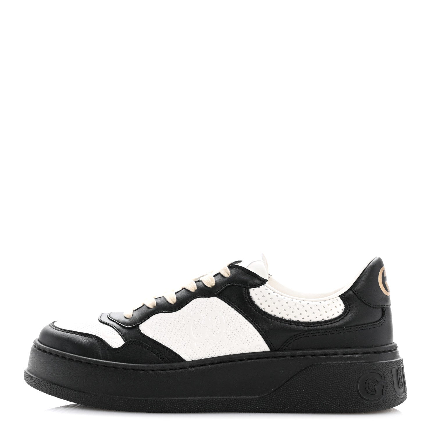 Gucci Calfskin GG Tennis Embossed Perforated Mens Interlocking G 55mm Sneakers 8.5 Black White 1 of 8