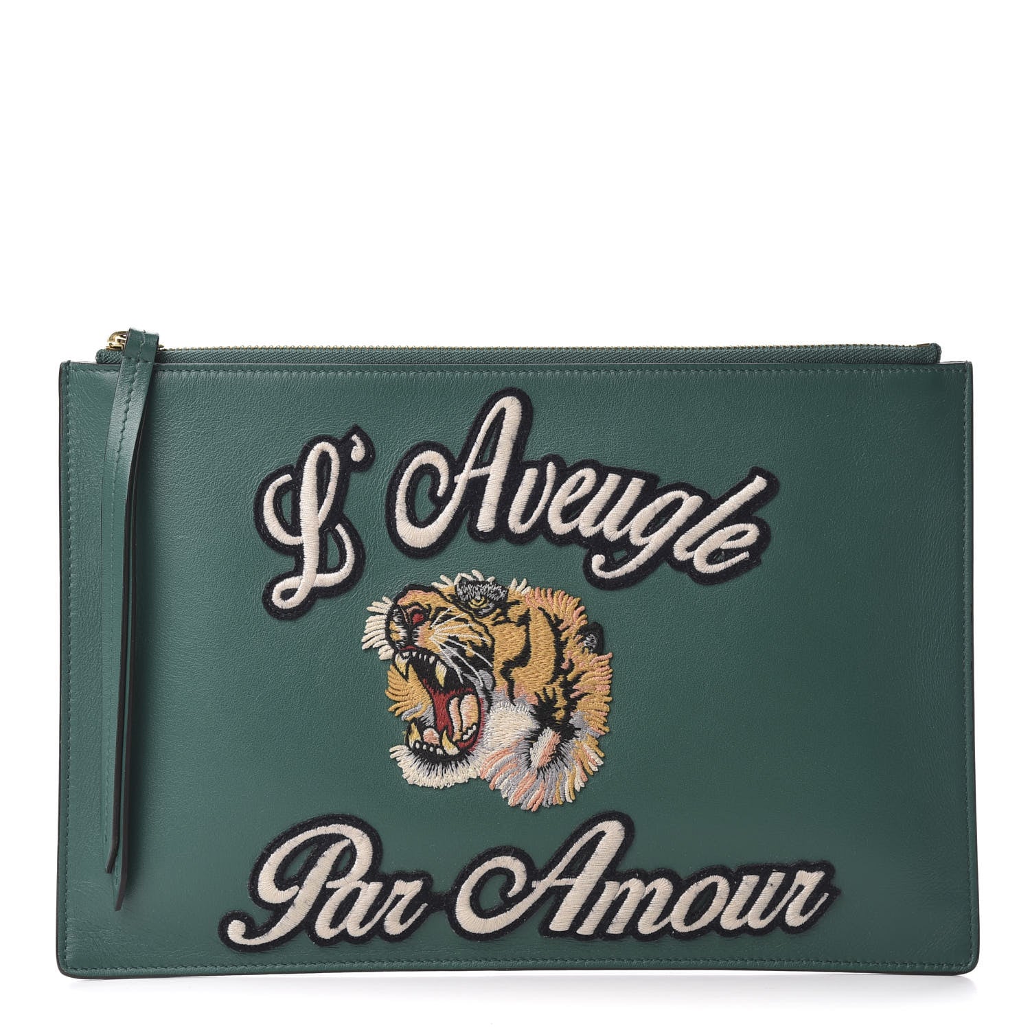 Gucci Calfskin Embroidered Large L'Aveugle Par Amour Zip Pouch Green 1 of 8