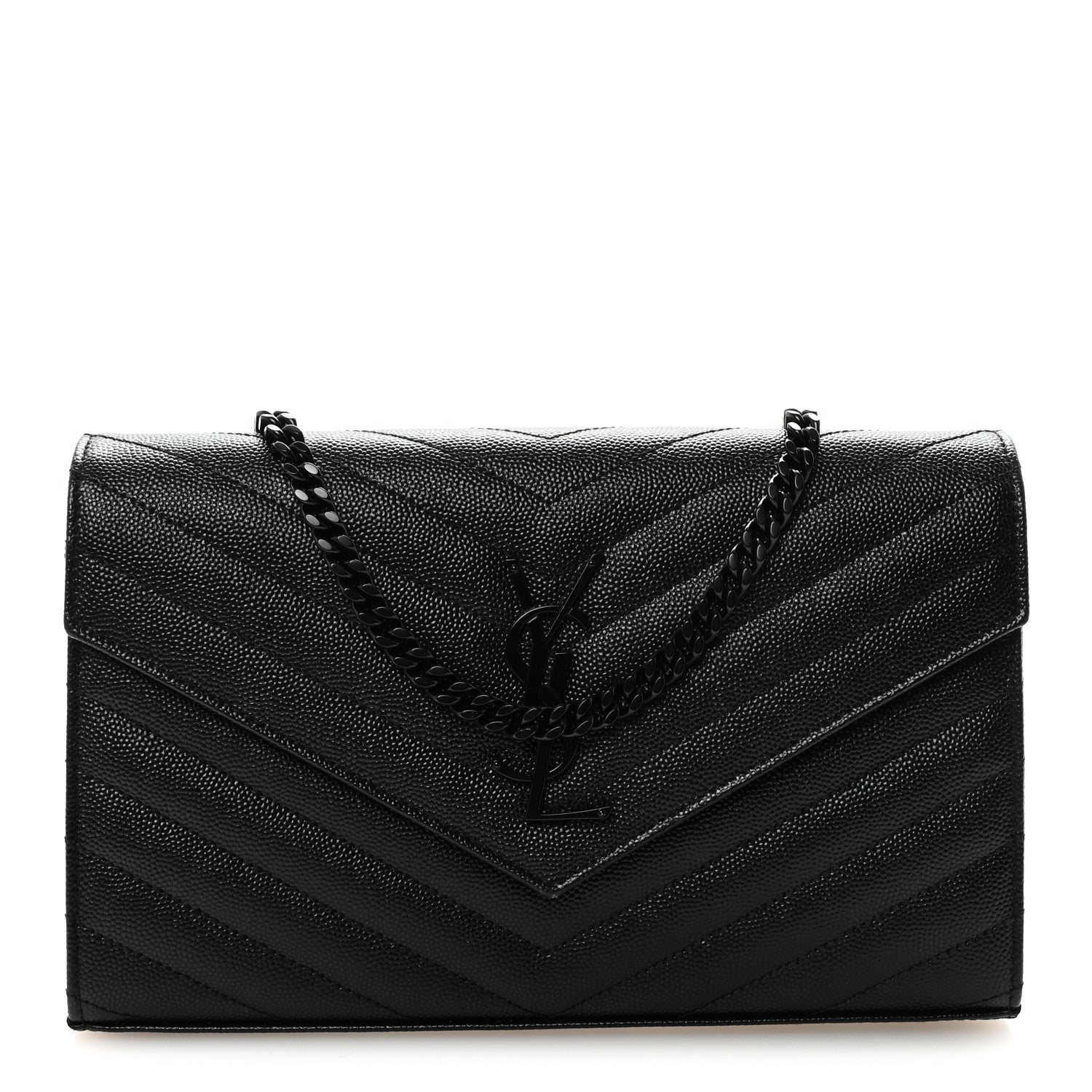 Saint Laurent Grain De Poudre Matelasse Chevron Monogram Monochrome Chain Wallet Black 1 of 9
