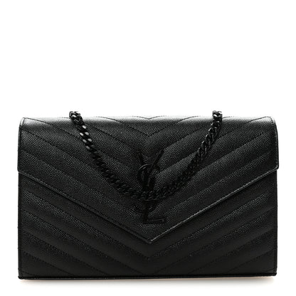 Saint Laurent Grain De Poudre Matelasse Chevron Monogram Monochrome Chain Wallet Black 1 of 9