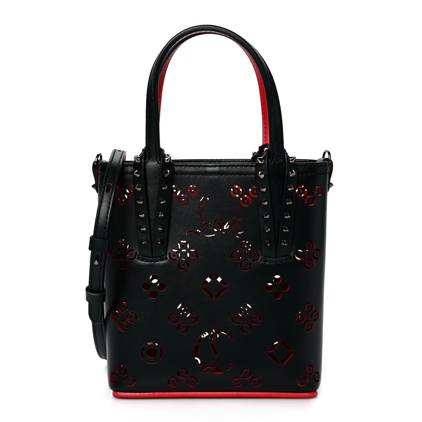 Calfskin Loubinthesky Perforated Spikes Mini North South Cabata Tote Black