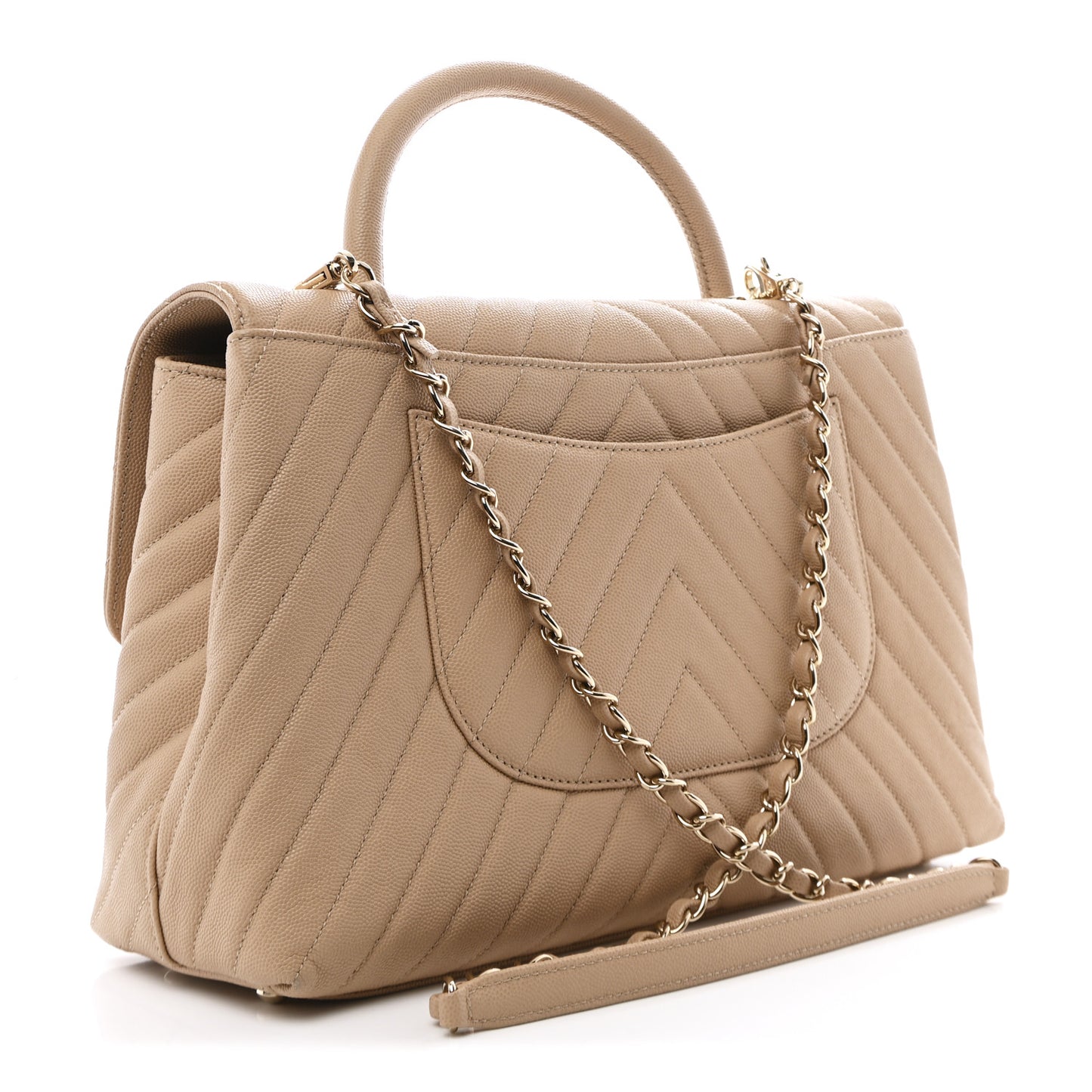 Caviar Chevron Quilted Medium Coco Handle Flap Beige