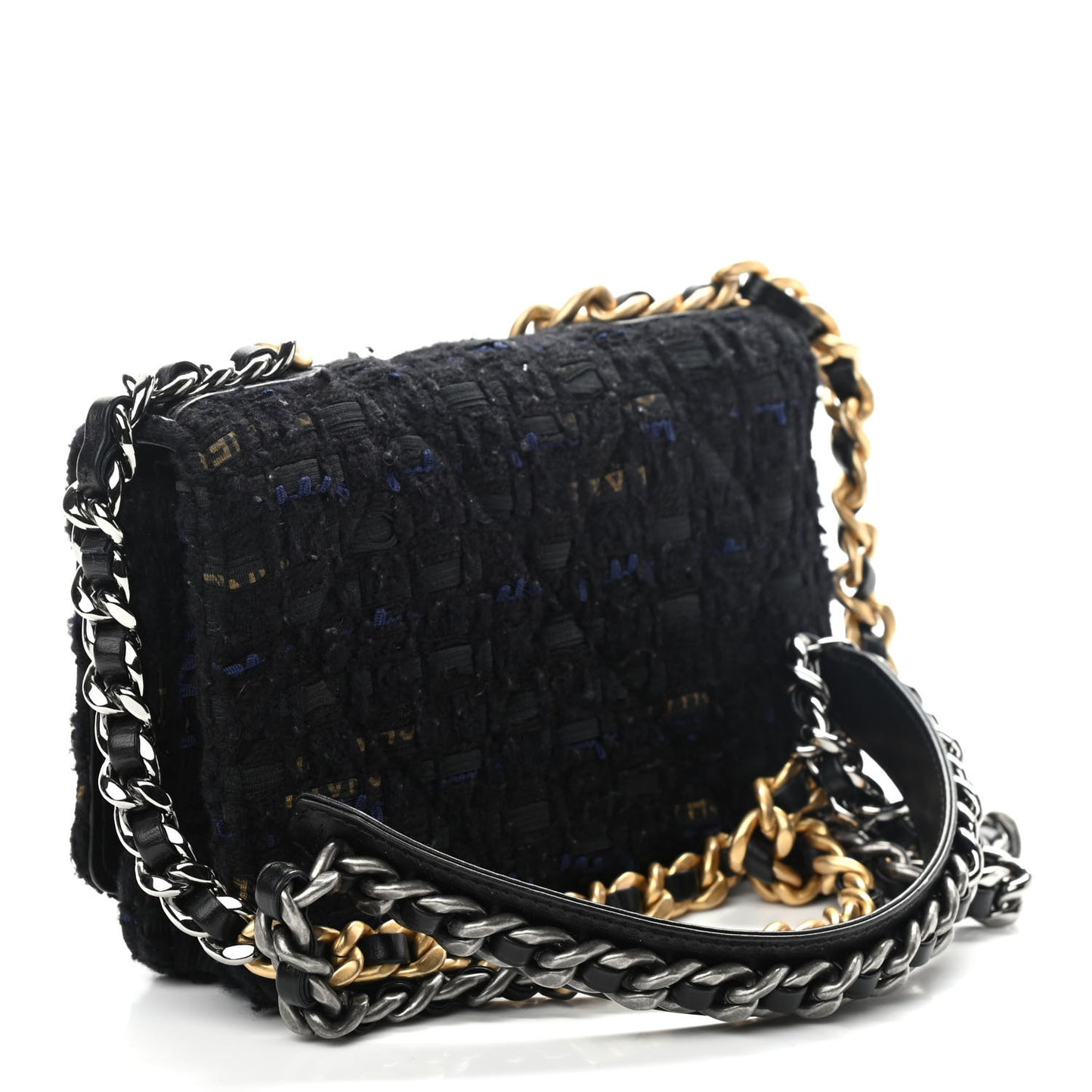 Tweed Quilted Chanel 19 Wallet On Chain WOC Black Navy Gold