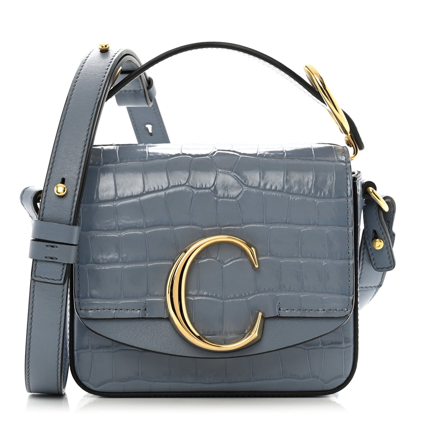 Calfskin Crocodile Embossed Mini C Double Carry Ash Blue