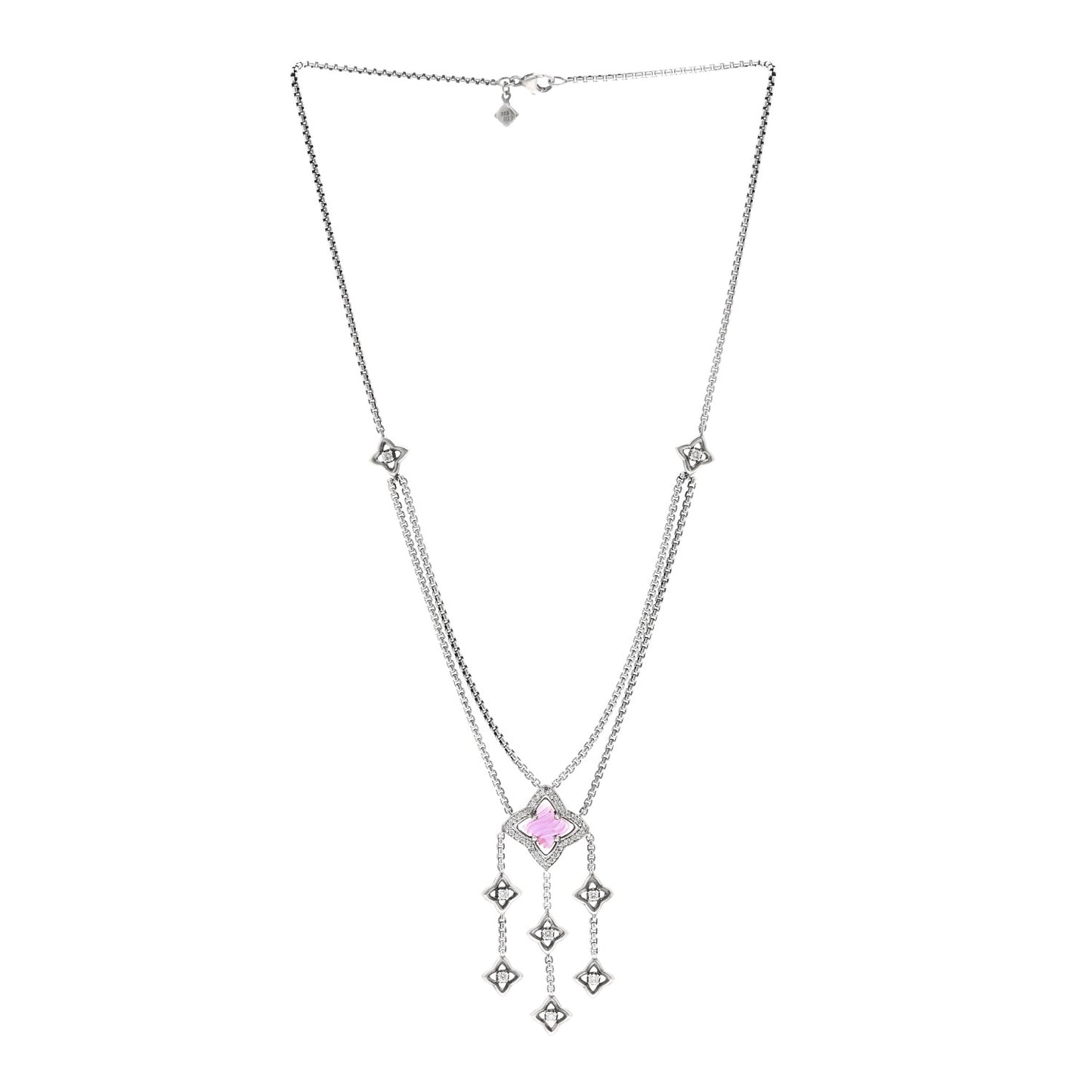 Sterling Silver Diamond Pink Tourmaline Quatrefoil Double Chain Drop Pendant Necklace