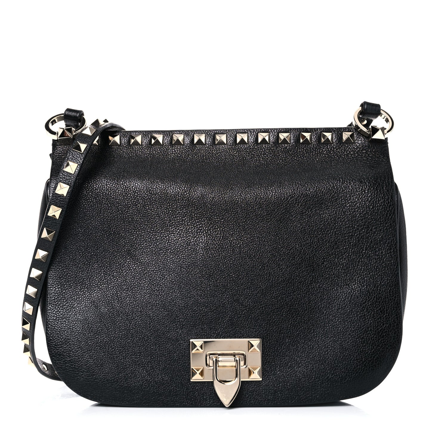 Pebbled Calfskin Rockstud Crossbody Saddle Bag Black
