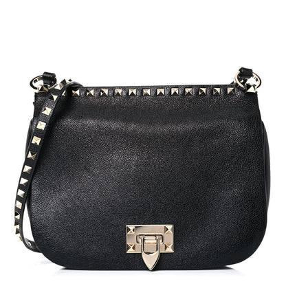 Valentino Garavani Pebbled Calfskin Rockstud Crossbody Saddle Bag Black 1 of 13