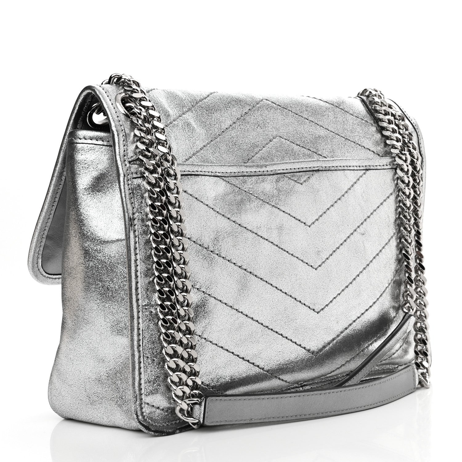 Saint Laurent Metallic Lambskin Matelasse Monogram Medium Niki Chain Satchel Argento 3 of 11